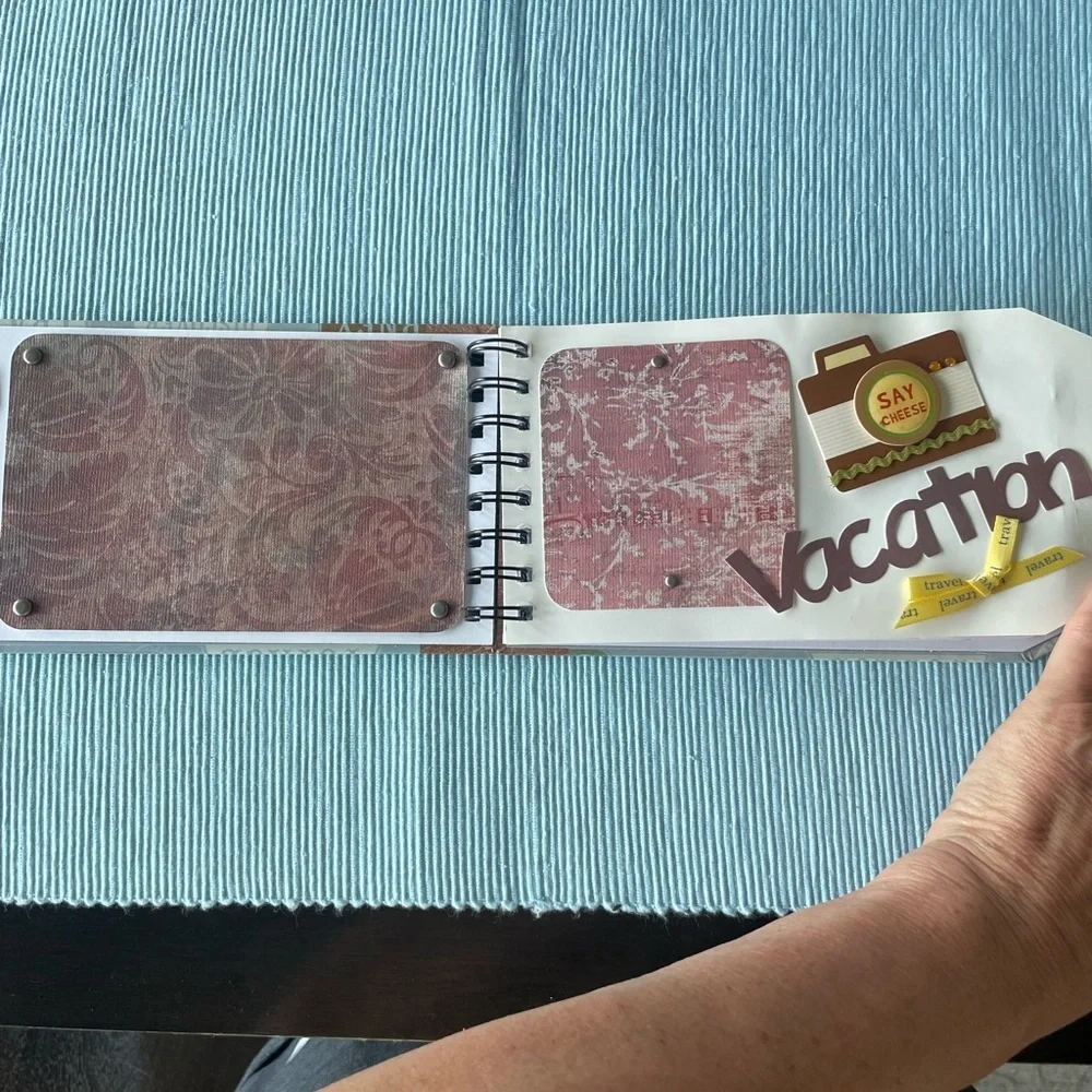 Travel Themed Pre-made Spiral Scrapbook with Bow- picture-ready! 8.25x4.5”